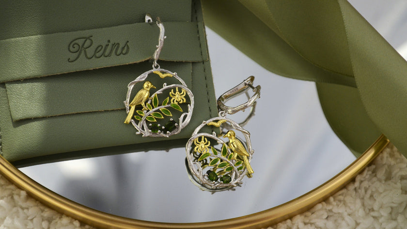 Cercei din Argint Reins, cu pietre semi-pretioase din Diopside- Bird on branch, vedere detaliata, 03R01-0005