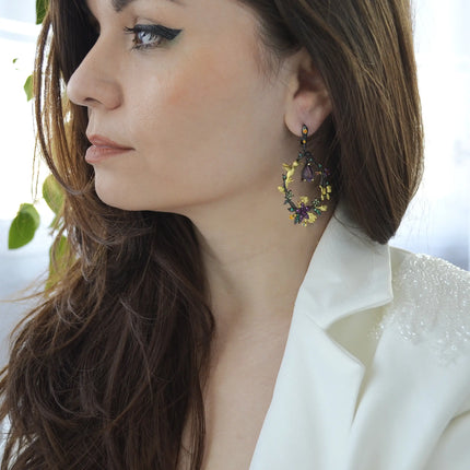 Cercei din Argint Reins, cu pietre semi-pretioase din Ametist, Nano Smarald si Rubin creat in laborator- Secret Garden Statement, vedere Model Sacou, 03R01-0010