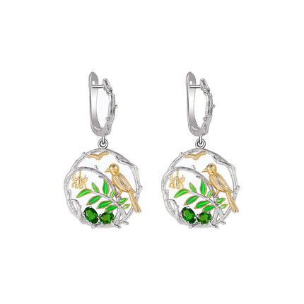 Cercei din Argint Reins, cu pietre semi-pretioase din Diopside- Bird on branch, vedere pe fundal alb, 03R01-0005