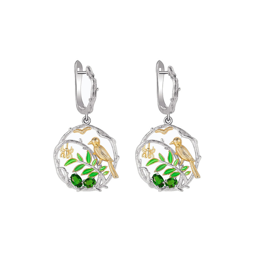 Cercei din Argint Reins, cu pietre semi-pretioase din Diopside- Bird on branch, vedere pe fundal alb, 03R01-0005