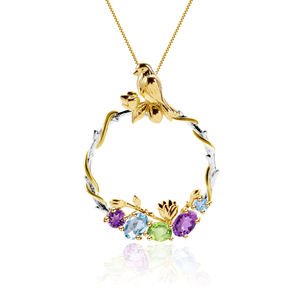 Colier din Argint Reins, cu pietre semi-pretioase din Topaz, Ametist si Peridot - Bloombird, vedere pe fundal alb, 01R01-0007