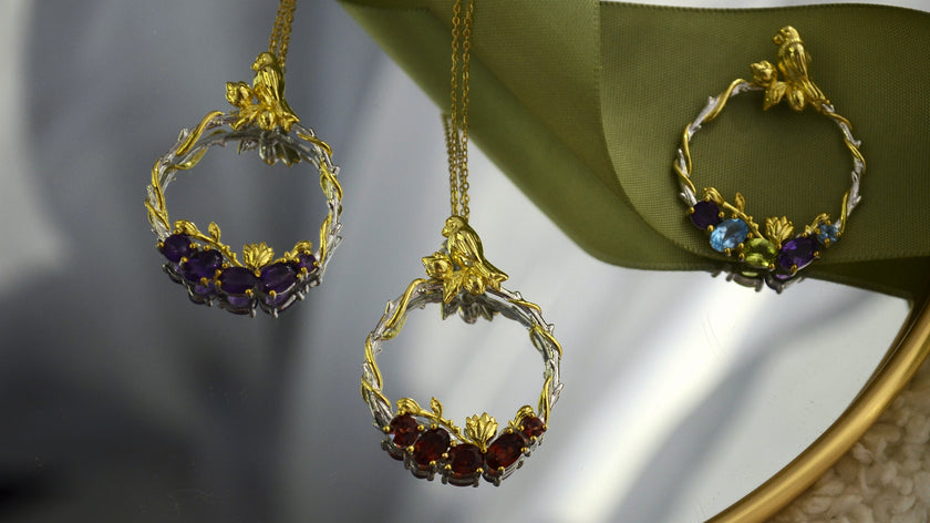 Colier din Argint Reins, cu pietre semi-pretioase din Topaz, Ametist, Ganat si Peridot - Bloombird, vedere pe fundal alb, 01R01-0007