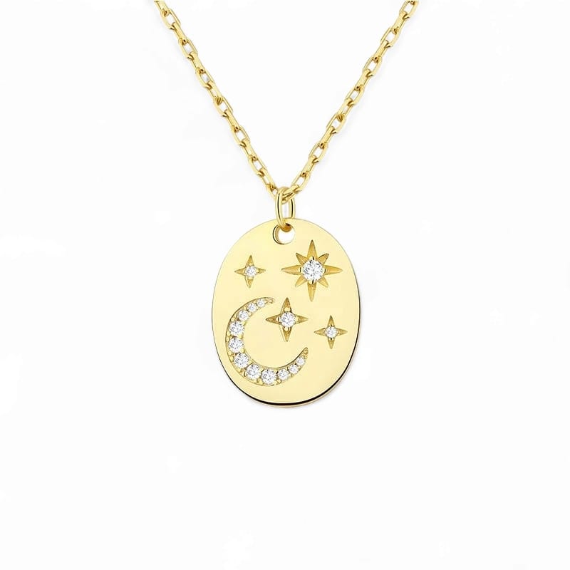 Colier din Argint Reins, cu pietre semi-pretioase din Zircon, placate cu aur 18k – Moon and star, vedere pe fundal alb, 01R01-0023