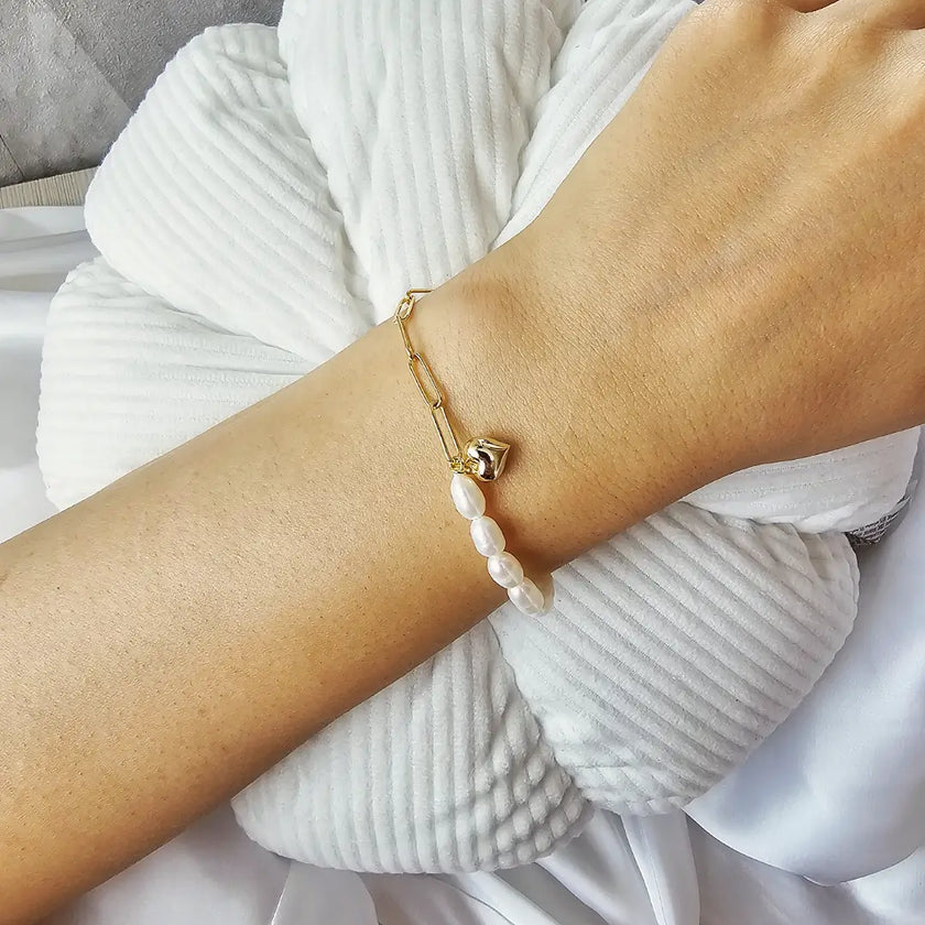 Bratara din argint 925 cu perla naturala de apa dulce si cu pandantiv din argint in forma de inima - vedere model