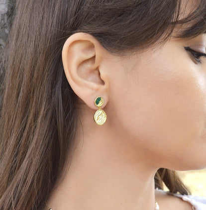 Cercei din Argint 925 - Terra cu Malachit, asimetrici- placat cu aur de 14k  si sistem de inchidere tip fluturas - 03R01-0042 cu vedere model Silver Gold