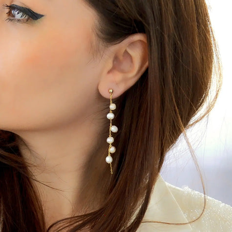 Cercei din argint 925 Tassel cu perla naturala , placati cu aur de 14 k si cu sistem de inchidere tip fluturas - vedere model