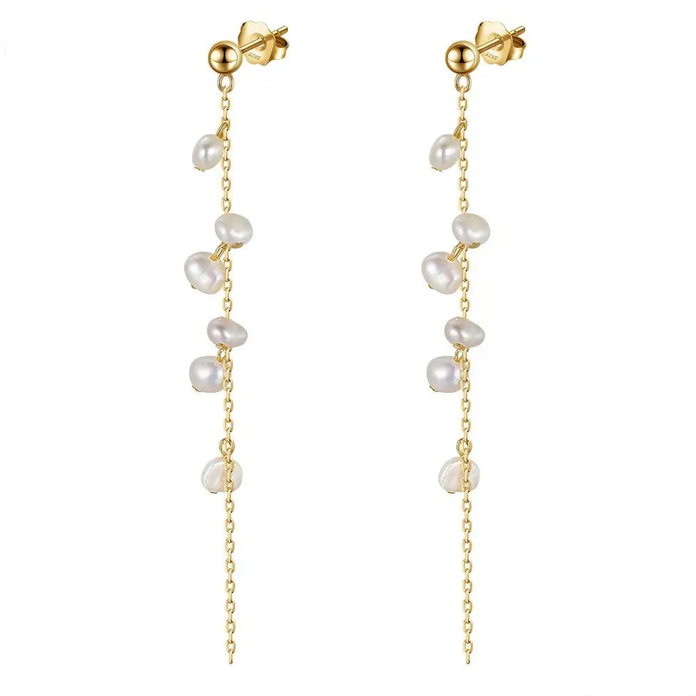 Cercei din argint 925 Tassel cu perla naturala si sistem de inchidere tip fluturas - fond alb