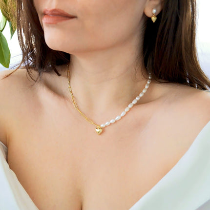 Colier din argint 925 Heart pearl, placat cu aur de 14k, lant cu za si perle de apa dulce, cu pandantiv in forma de inima - poza model 1