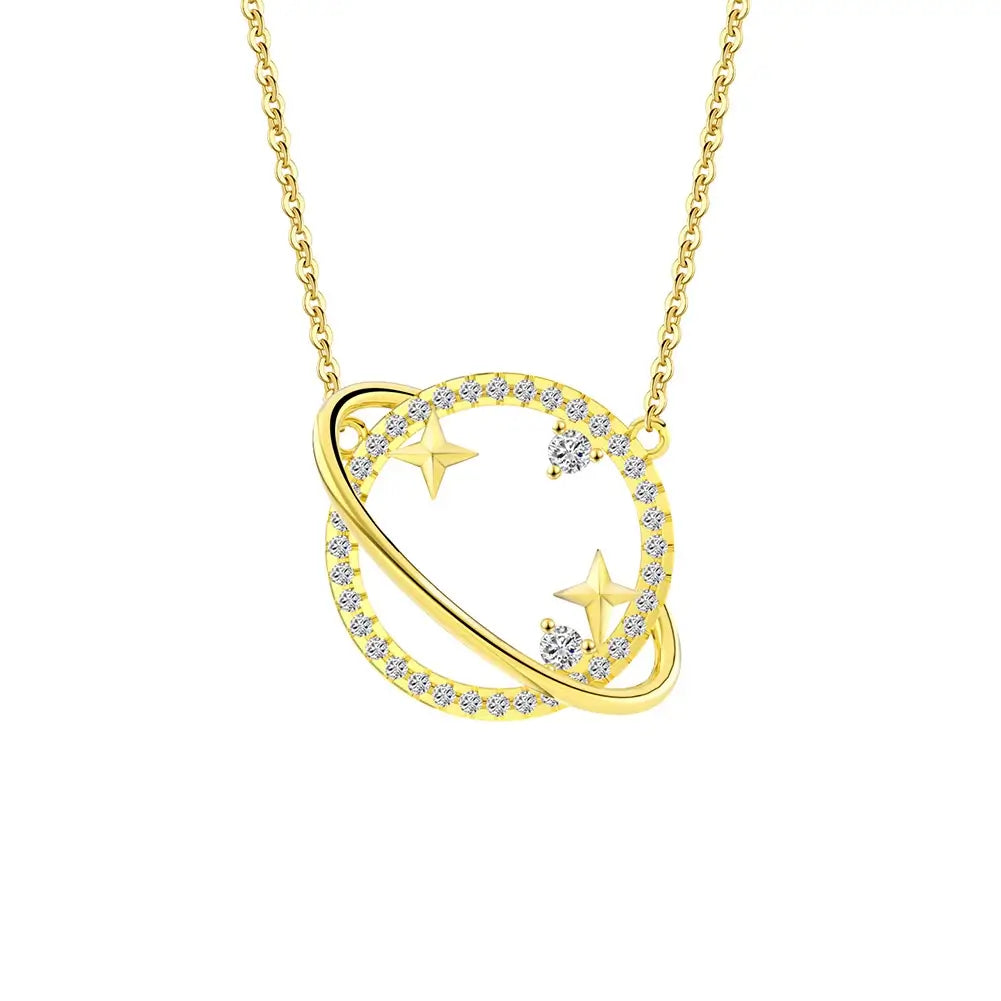 Colier din argint 925 Planeta - placat cu aur galben de 14k cu pandantiv in forma de planeta cu stele  si pietre semipretioase zirconiu - vedere in fond alb01R01-0033 