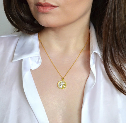 Colier din Argint 925, placat cu aur de 18k si cu pietre semipretioase naturale Sidef si Zirconiu. Semn zodiacal Varsator, cu vedere pe model 01R01-0036V