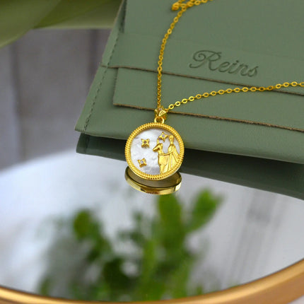 Colier din Argint 925 ,placat cu aur de 14k si pietre semipretioase naturale Zirconiu si Sidef. Semn zodiacal Fecioara  cu vedere in detaliu 01R01-0036F