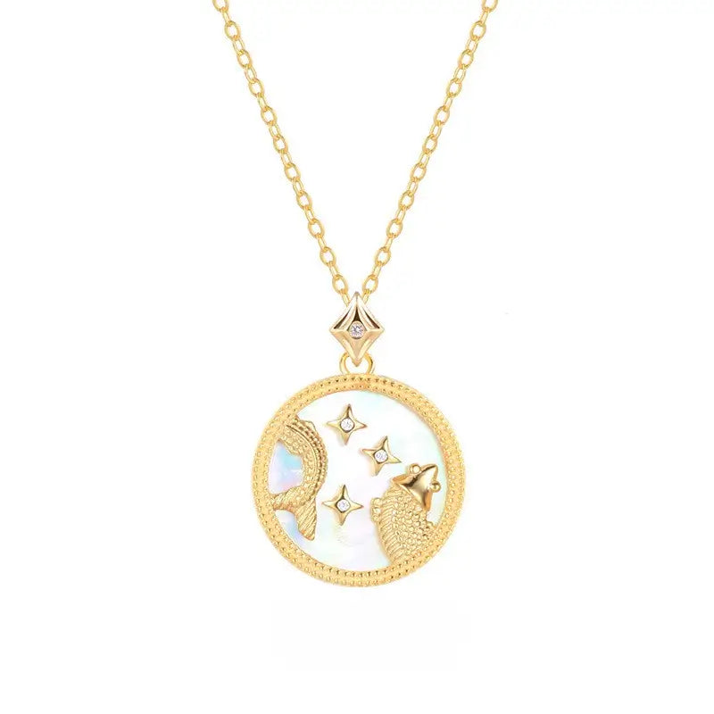 Colier din Argint 925, placat cu aur de 18k, cu pietre semipretioase naturale sidef si zirconiu. Semn zodiacal Pesti cu vedere pefond Alb 01R01-0036P