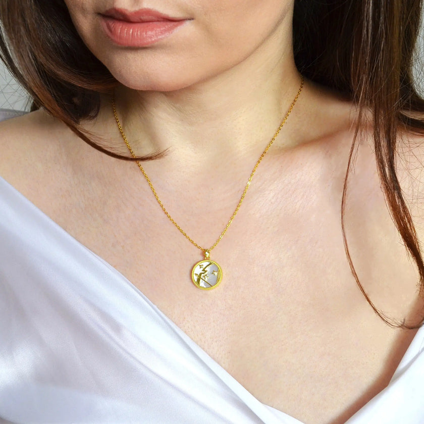 Colier din Argint 925, placat cu aur de 118k, cu pietre semipretioase naturale Sidef si Zirconiu. Semn zodiacal Sagatator cu vedere pe model 01R01-0036SA