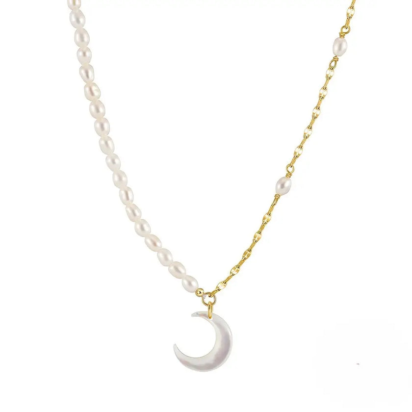 Colier din Argint 925 cu Perla de apa dulce si Pandantiv Semiluna din Sidef - fond Alb
