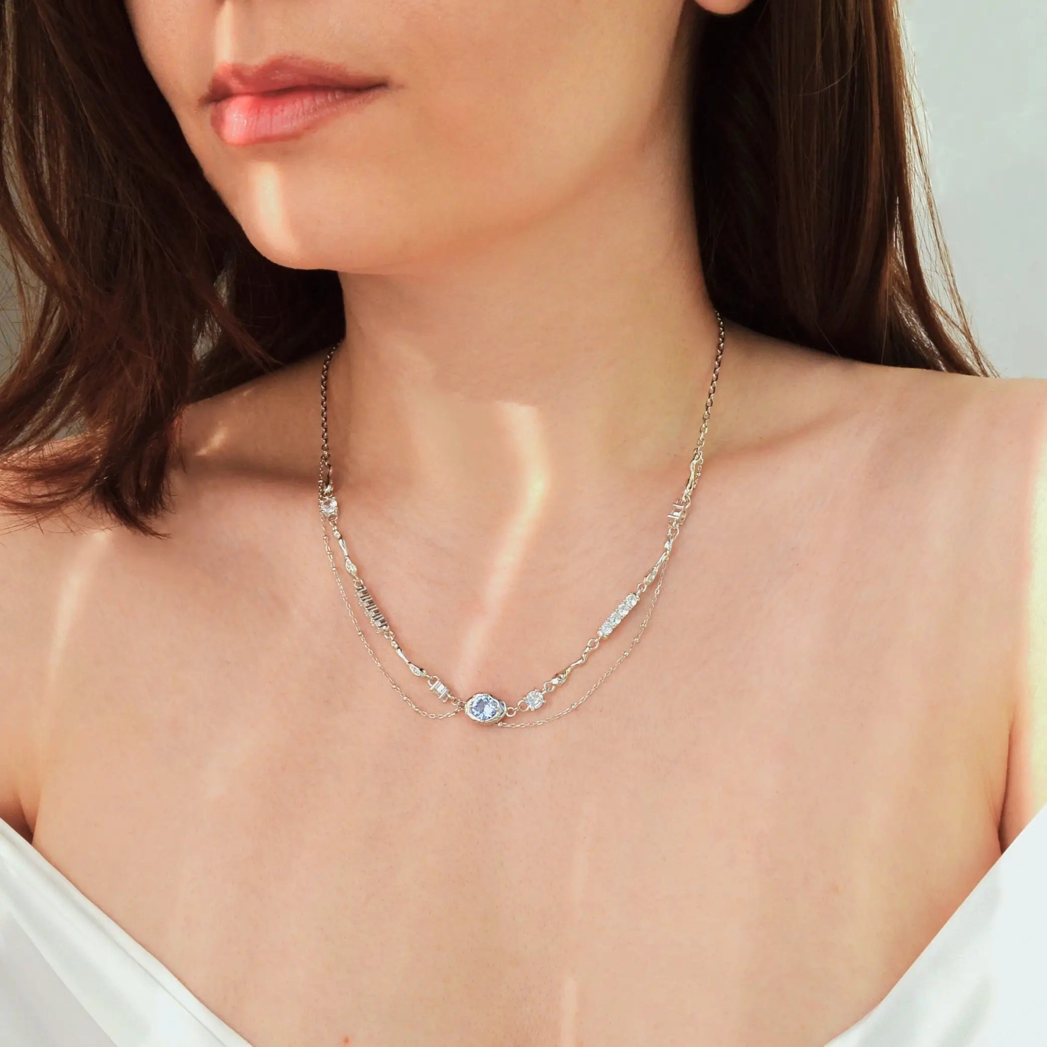 Colier din Argint Reins, cu pietre semi-pretioase din Zirconiu, incolor si albastru - Ice Blue, vedere pe model, 01R01-0020