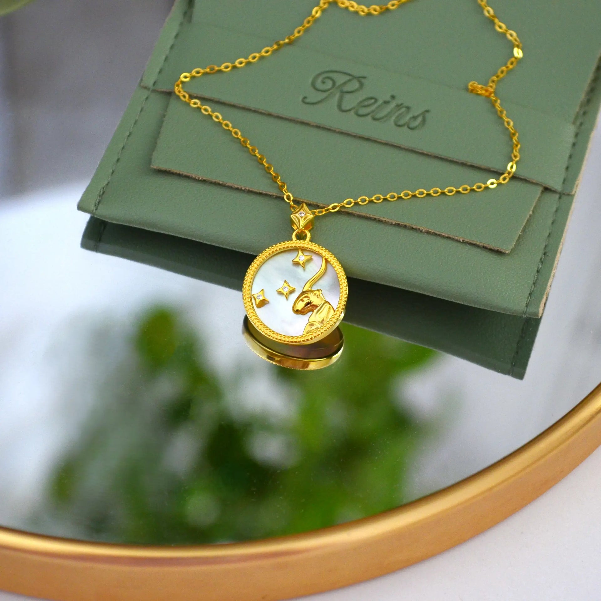 Colier din Argint 925, placat cu aur de 18k ce are pietre semipretioase naturale Sidef si zirconiu. Semn zodiacal Capricorn cu vedere in detaliu  01R01-0036C