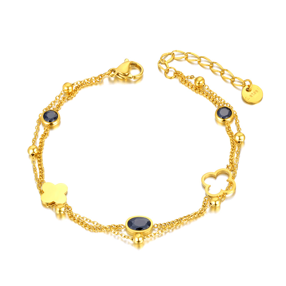 Bratara din otel inoxidabil Reins, placata cu aur galben de 18k, cu cristale negre – Lucky Cristal, vedere pe fundal alb, 02S02-00009GB