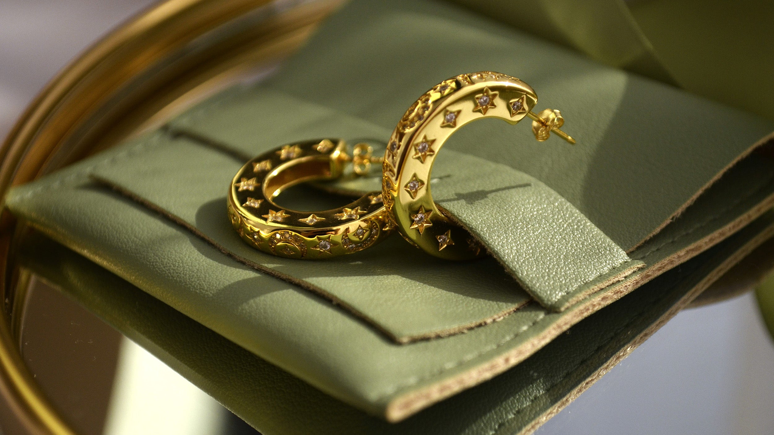 Cercei din Argint Reins, in baie de aur de 18k si incrustati cu Zircon incolor - Moon and Stars Creole, vedere detaliata, 03R01-0023