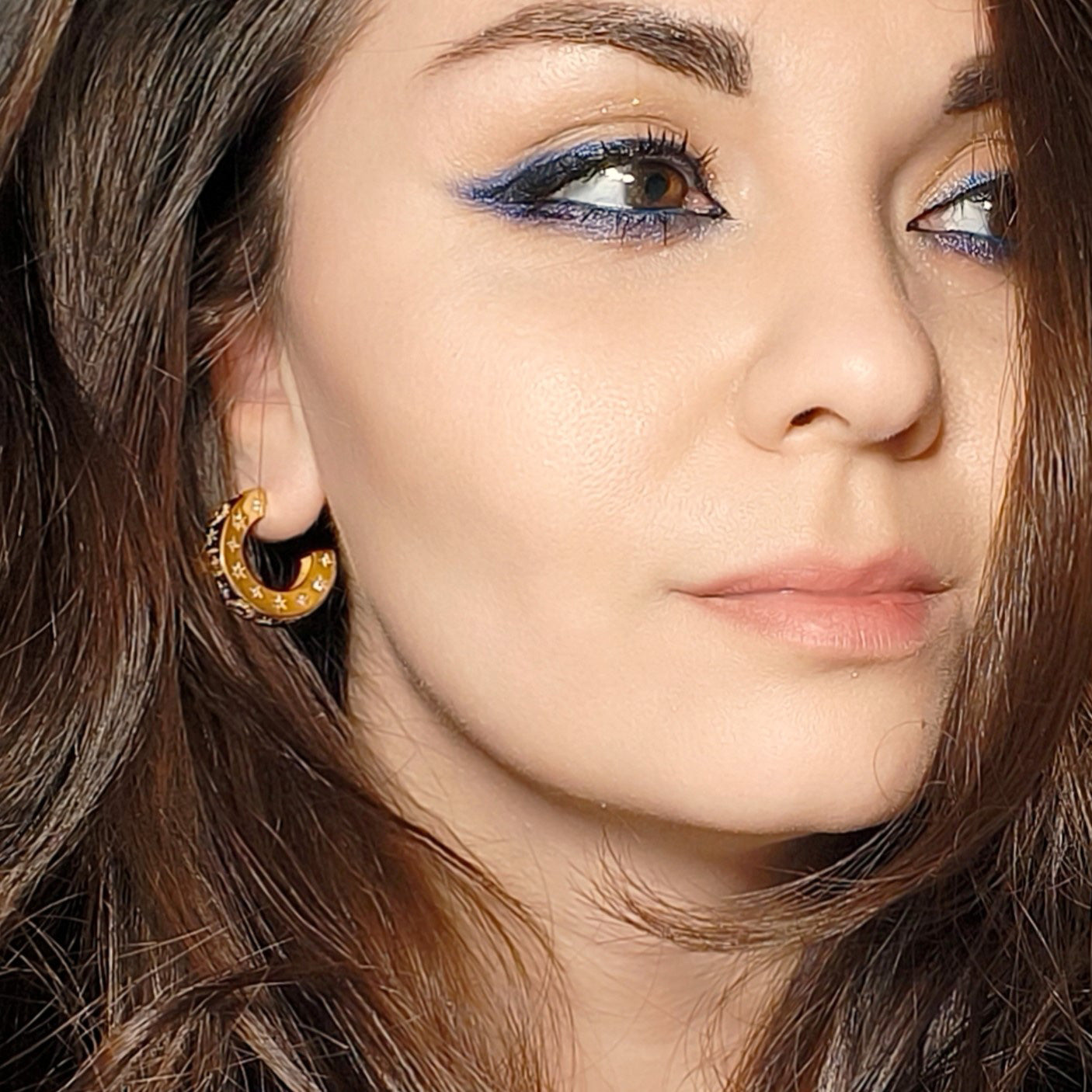 Cercei din Argint Reins, in baie de aur de 18k si incrustati cu Zircon incolor - Moon and Stars Creole, vedere pe model, 03R01-0023