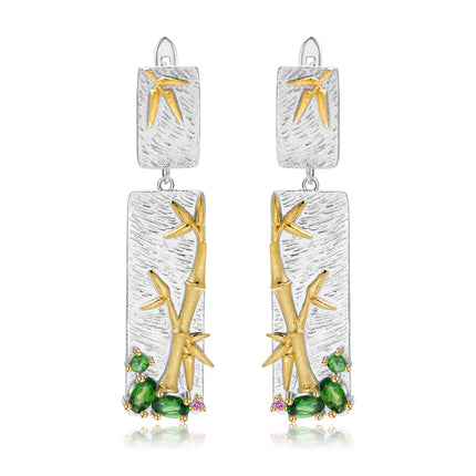 Cercei din Argint Reins, cu pietre semi-pretioase Diopside - Bamboo, vedere pe fundal alb, 03R01-0003