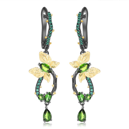 Cercei din Argint Reins, in forma de future, cu pietre semi-pretioase din Agate Verzi - Vine Butterfly, vedere pe fundal alb, 03R01-0009