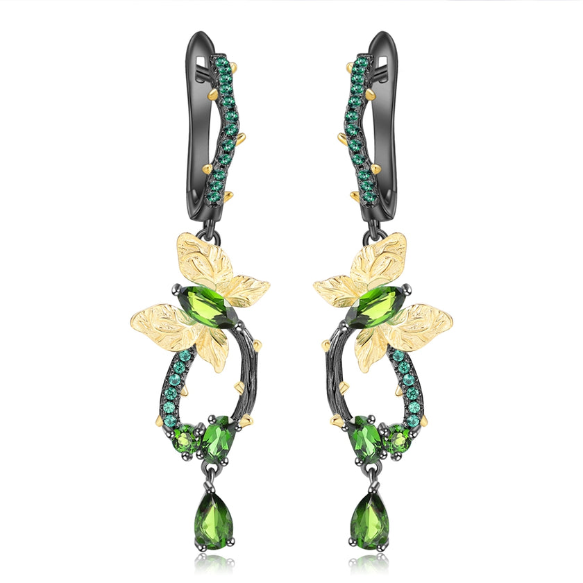 Cercei din Argint Reins, in forma de future, cu pietre semi-pretioase din Agate Verzi - Vine Butterfly, vedere pe fundal alb, 03R01-0009