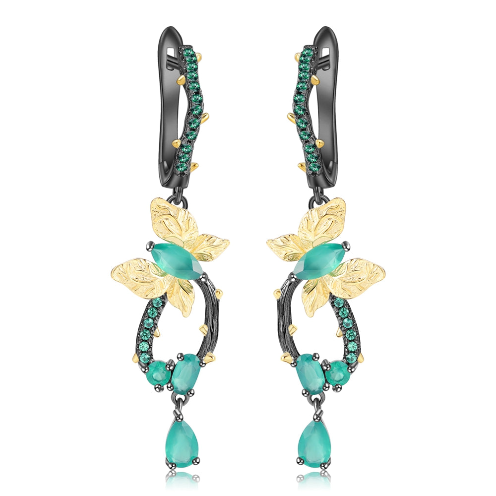 Cercei din Argint Reins, in forma de future, cu pietre semi-pretioase din Diopside - Vine Butterfly, vedere pe fundal alb, 03R01-0009