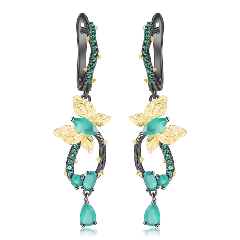 Cercei din Argint Reins, in forma de future, cu pietre semi-pretioase din Diopside - Vine Butterfly, vedere pe fundal alb, 03R01-0009