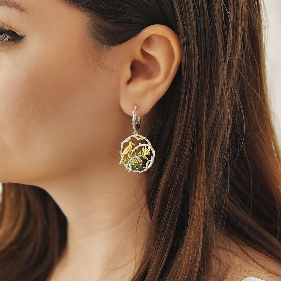 Cercei din Argint Reins cu pietre semipretioase din Diopside - Bird on branch vedere pe model 03R01-0005