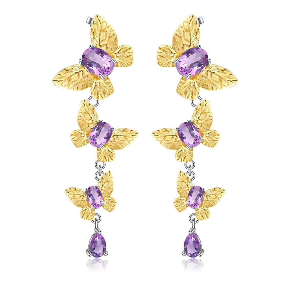Cercei din Argint Reins, in forma de fluture cu pietre semi-pretioase Ametist - Butterfly, vedere pe fundal alb, 03R01-0008