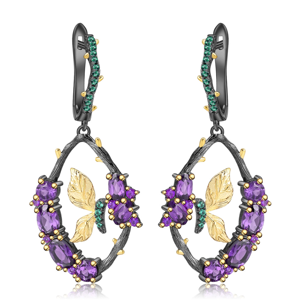 Cercei din argint in forma de fluture - Butterfly Secret Garden cu pietre semi-pretioase din  Ametist - Butterfly Secret Garden, vedere pe fundal alb, 03R01-0006