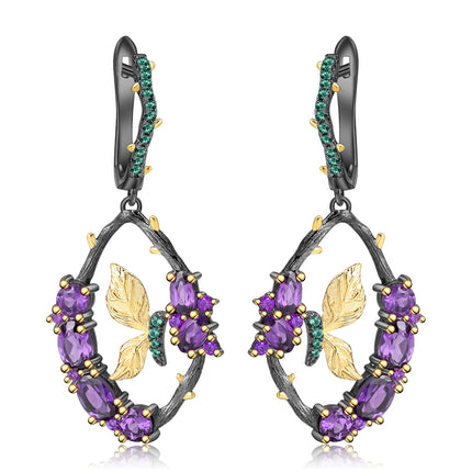 Cercei din argint in forma de fluture - Butterfly Secret Garden cu pietre semi-pretioase din  Ametist - Butterfly Secret Garden, vedere pe fundal alb, 03R01-0006