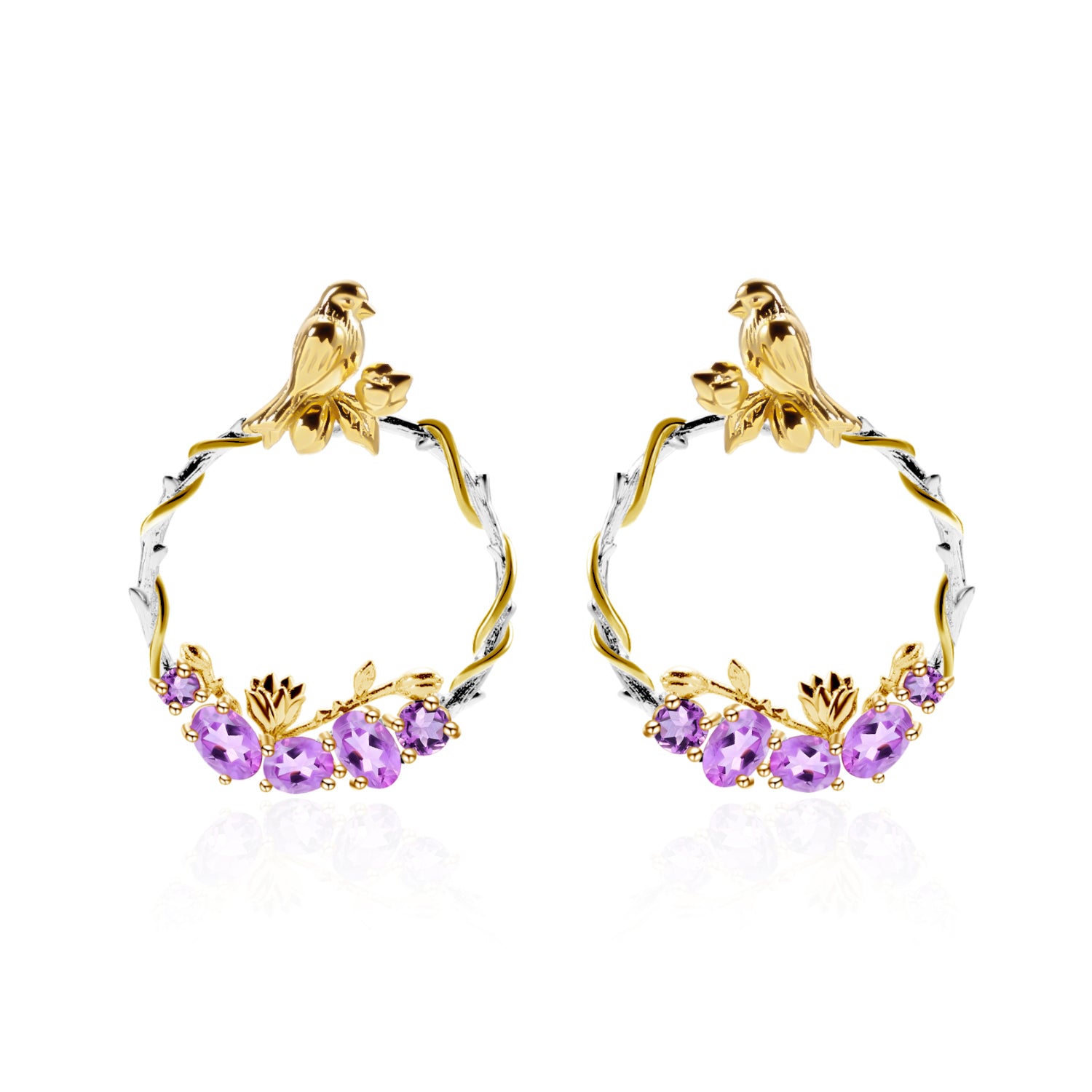 Cercei din Argint Reins, cu pietre semi-pretioase din Ametist - Bloombird, vedere pe fundal alb, 03R01-0007