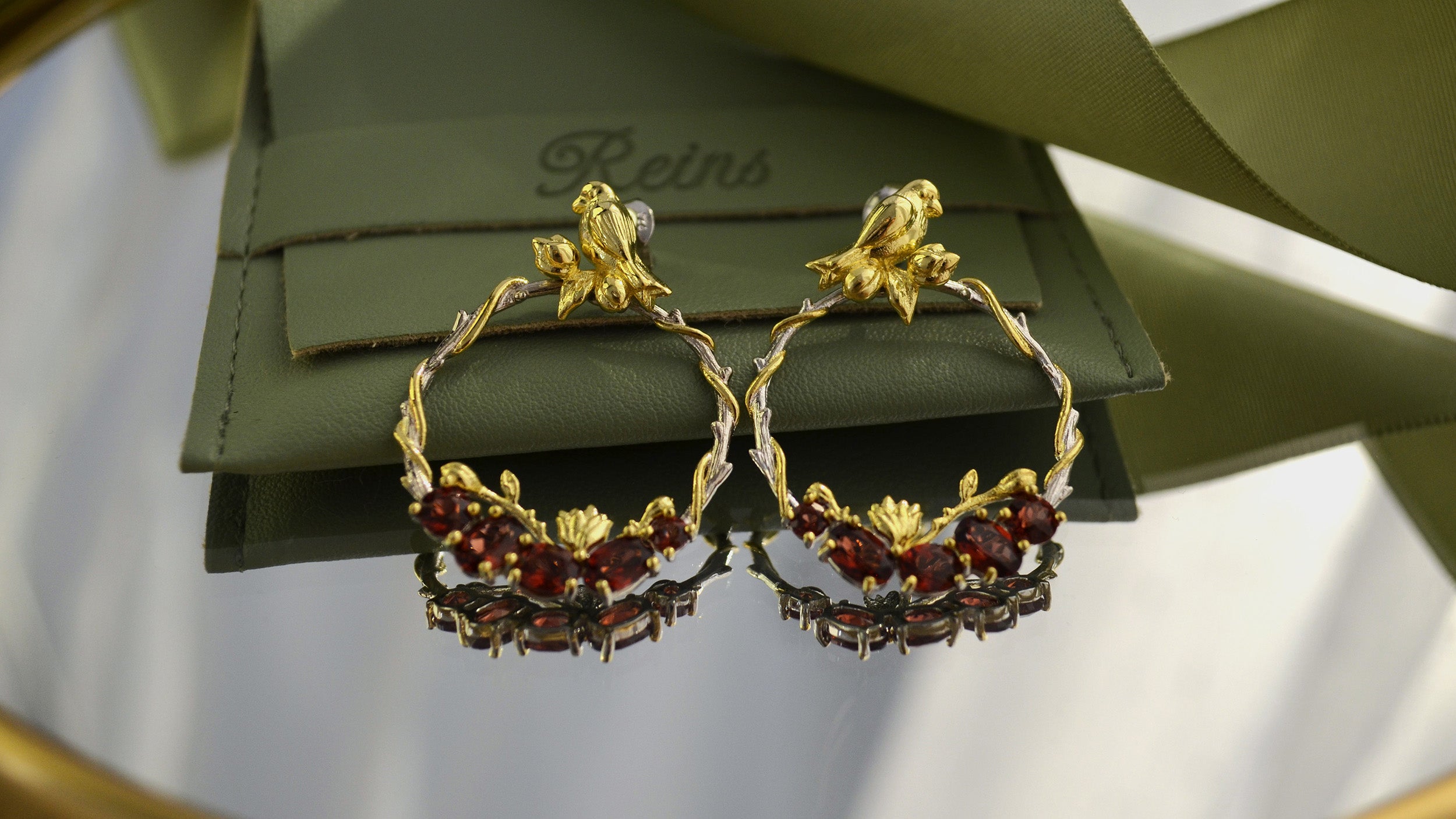 Cercei din Argint Reins, cu pietre semi-pretioase din Granat - Bloombird, vedere detaliata, 03R01-0007