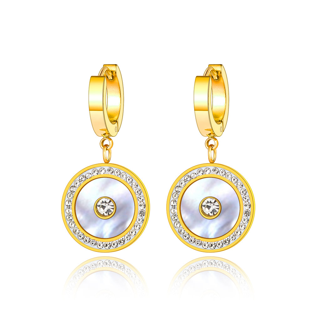 Cercei din otel inoxidabil Reins, placati cu aur galben de 18k, cu pietre din cristale incolore si sidef – Serenity Buble, vedere pe fundal alb, 03S02-0001G