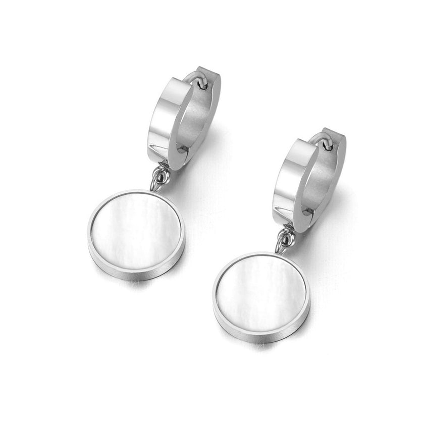 Cercei din otel inoxidabil Reins, placati cu rodiu, cu pietre din sidef – Mellow, vedere pe fundal alb, 03S02-0002