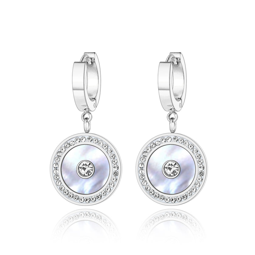 Cercei din otel inoxidabil Reins, placati cu rodiu, cu pietre din cristale incolore si sidef – Serenity Buble, vedere pe fundal alb, 03S02-0001