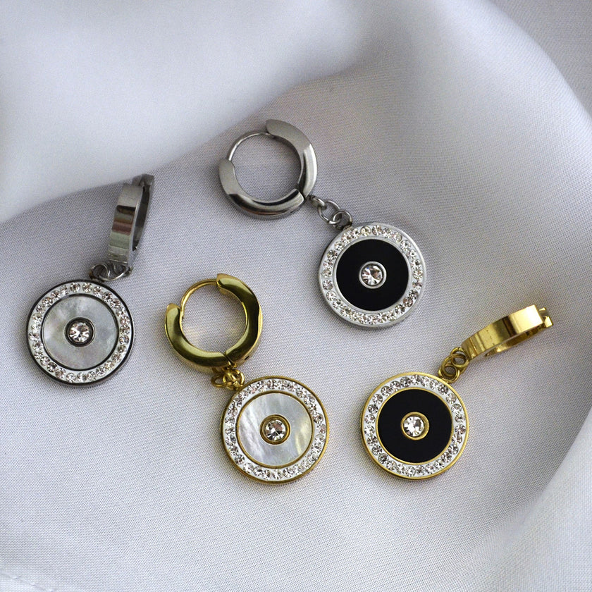 Cercei din otel inoxidabil Reins, placati cu rodiu sau aur, cu pietre din cristale incolore si sidef – Serenity Buble, vedere detaliata, 03S02-0001