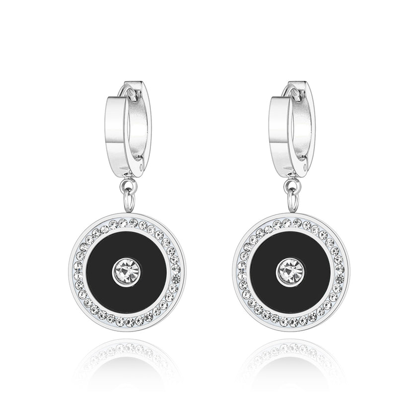 Cercei din otel inoxidabil Reins, placati cu rodiu, cu pietre din cristale incolore si sidef – Serenity Buble, vedere pe fundal alb, 03S02-0001B