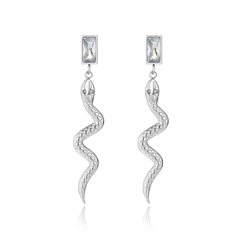 Cercei din otel inoxidabil Reins, placati cu Rodiu – Serpent’s Kiss, vedere pe fundal alb, 03S02-0010