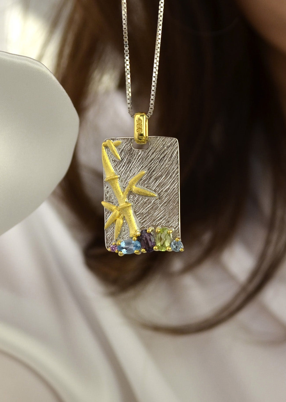 Colier din Argint Reins, cu pietre semi-pretioase din Topaz, Ametist si Peridod- Bamboo, vedere detaliata, 01R01-0003