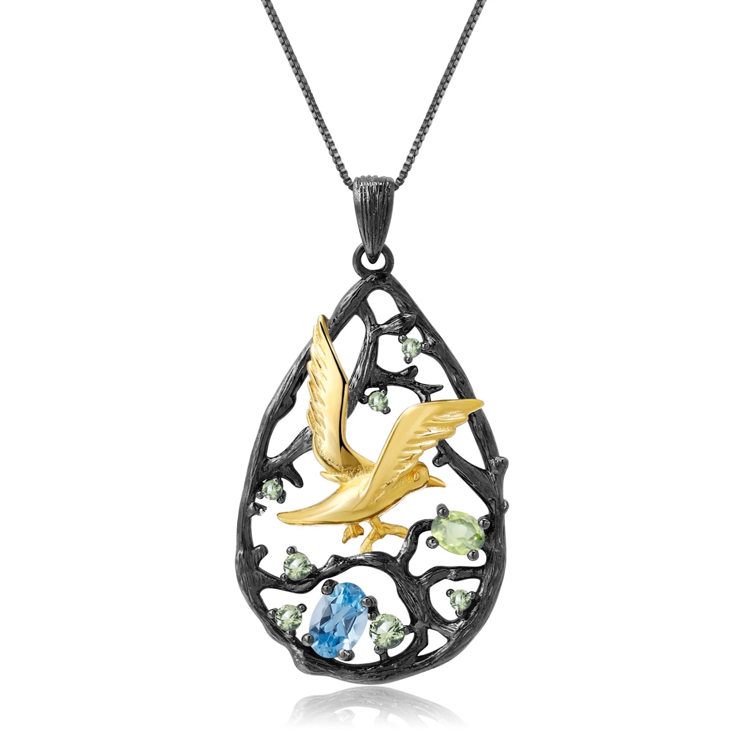 Colier din Argint Reins, cu pietre semi-pretioase din Topaz si Peridot– Bird Perched , vedere pe fundal alb, 01R01-0002