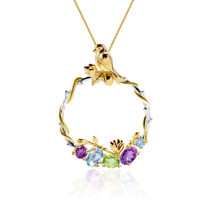 Colier din Argint Reins, cu pietre semi-pretioase din Topaz, Ametist si Peridot - Bloombird, vedere pe fundal alb, 01R01-0007