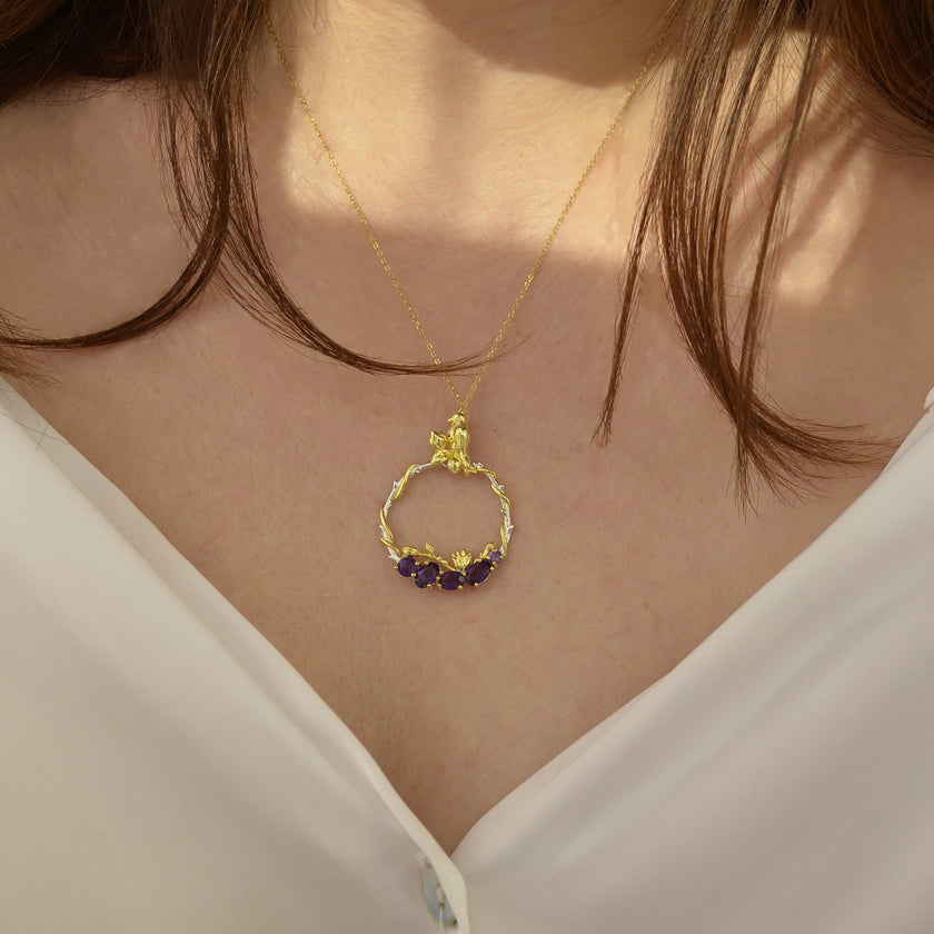 Colier din Argint Reins, cu pietre semi-pretioase din Ametist - Bloombird, vedere pe model 01R01-0007A