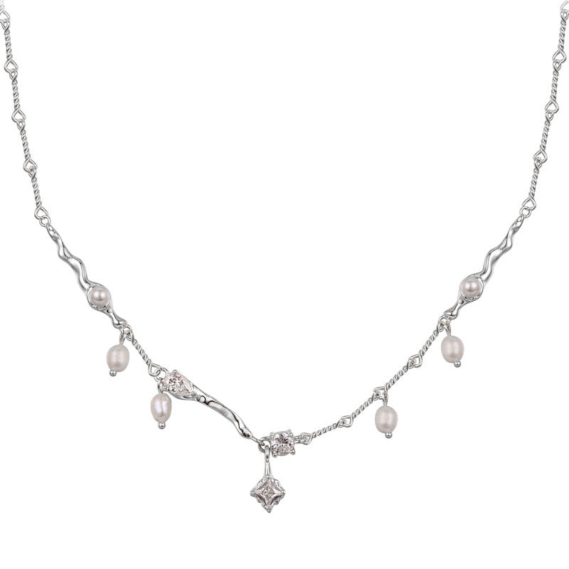 Colier din Argint Reins, cu perle naturale de apa dulce si Zircon - Ice Pearl, vedere pe fundal alb, 01R01-0009