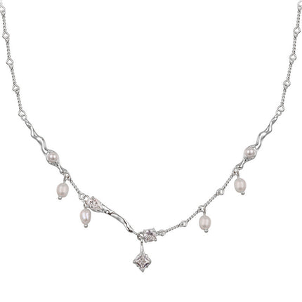 Colier din Argint Reins, cu perle naturale de apa dulce si Zircon - Ice Pearl, vedere pe fundal alb, 01R01-0009