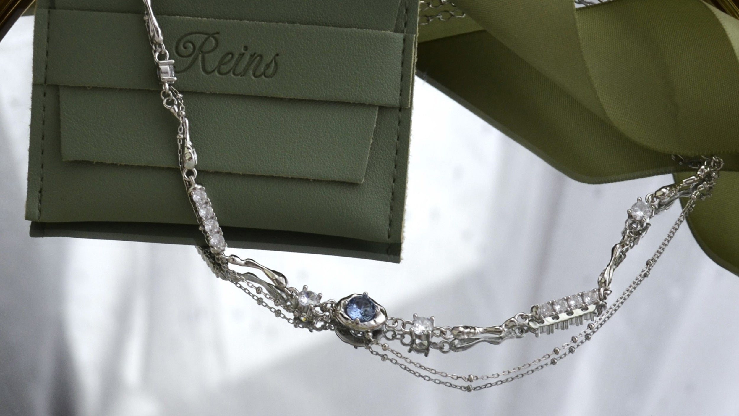 Colier din Argint Reins, cu pietre semi-pretioase din Zirconiu, incolor si albastru - Ice Blue, vedere detaliata de ansamblu, 01R01-0020