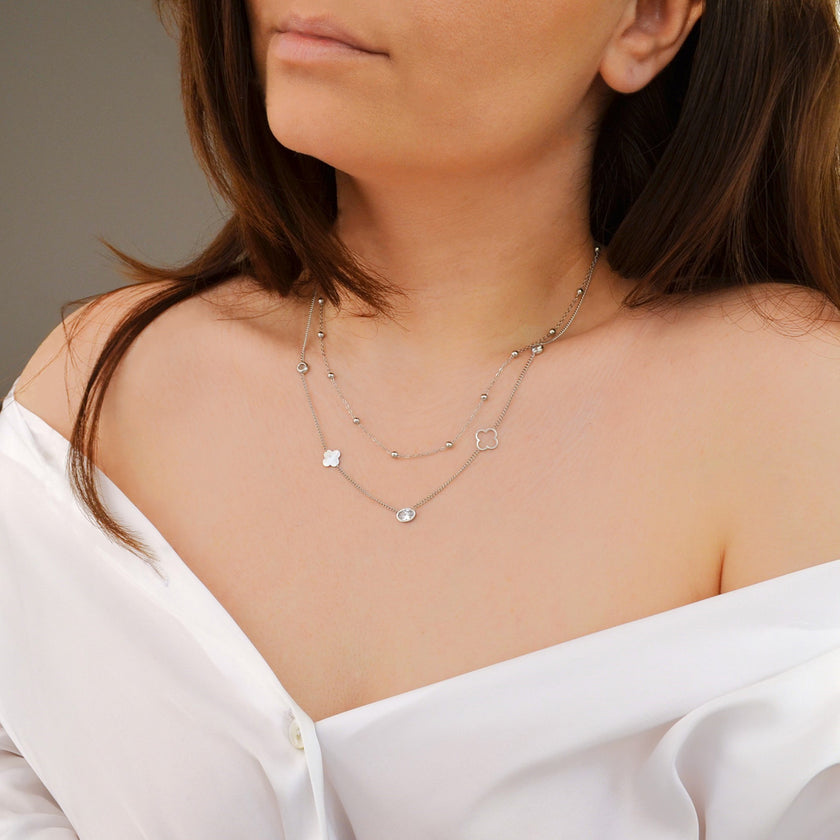 Colier din otel inoxidabil placat cu rodiu cu pietre semipretioase – Lucky Cristals Reins vedere pe model 01S02-0009