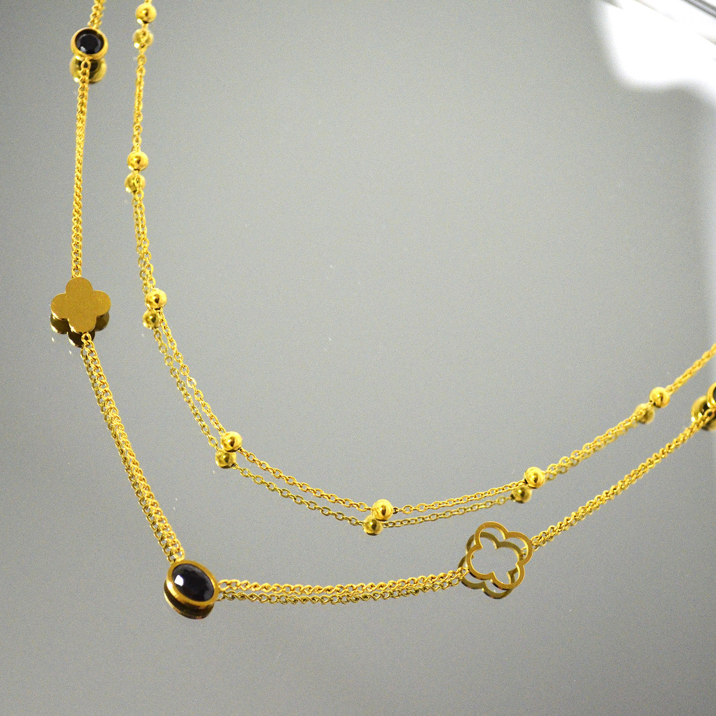 Colier din otel inoxidabil placat cu aur galben de 18k cu pietre semipretioase – Lucky Cristals Reins vedere detaliata 01S02-0009GB