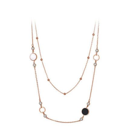Colier din otel inoxidabil placat cu aur roz de 18k cu Sidef negru si cristale incolore – Serenity Duo vedere pe fundal alb 01S02-0004R